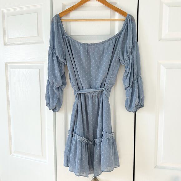 Showpo Blue Polka Dot Off Shoulder Party Life Mini Dress Size 8 Belted EUC - Picture 5 of 7